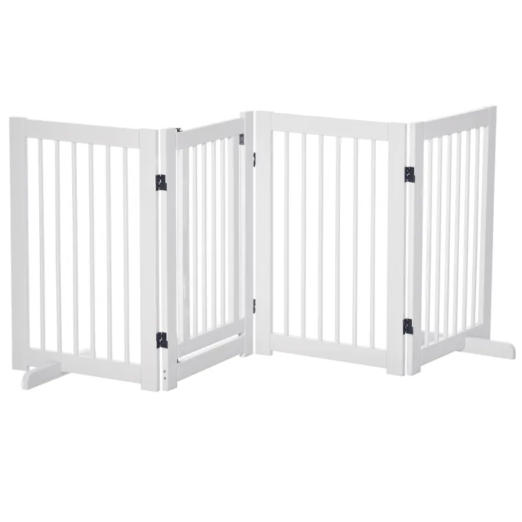 Grilă pentru câini PawHut cu picioare de susținere 204 x 75 cm din lemn, Grilă de protecție pentru câini cu uși pentru scări, uși, bucătărie, hol, 4 panouri, Alb | Aosom Romania