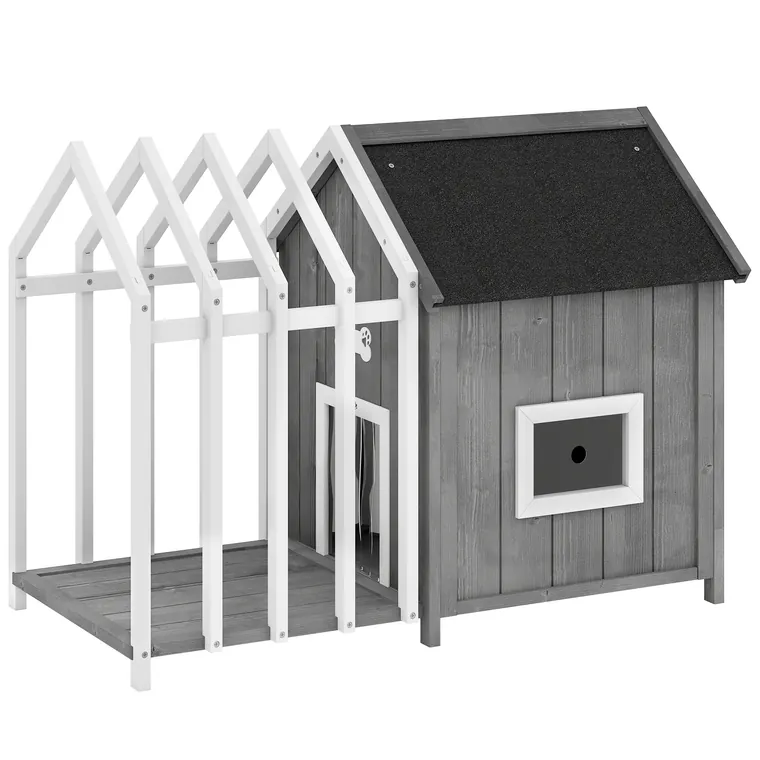 PawHut Niche pentru câine de exterior din lemn casă pentru câine de exterior cu terasă, ușă cu plăci, 106 x 62,5 x 80,5 cm, gri | Aosom Romania