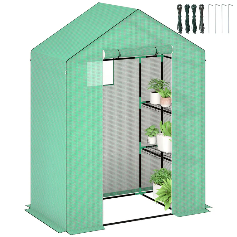 Outsunny Seră cu rafturi, Mini-seră, rezistentă la UV, fereastră de plasă, ușă cu fermoar, 143L x 74W x 190H cm, Verde | Aosom Romania