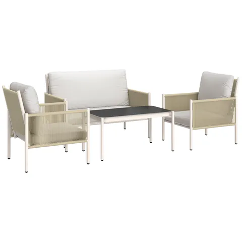 Outsunny Set mobilier de grădină din poliratan Set lounge cu canapea dublă scaun masă de sticlă perne 4 persoane Maro+Gri | Aosom Romania