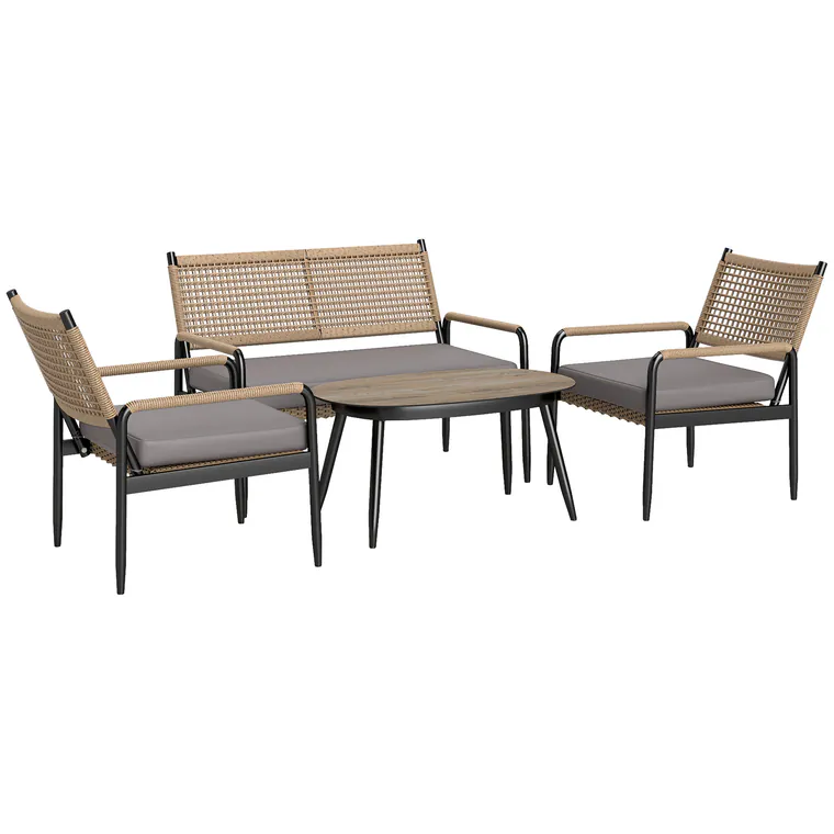 Outsunny Set de mobilier de grădină din rătan Set de lounge cu canapea dublă, fotoliu, masă cu geam, perne pentru 4 persoane, Gri închis+Galben | Aosom Romania