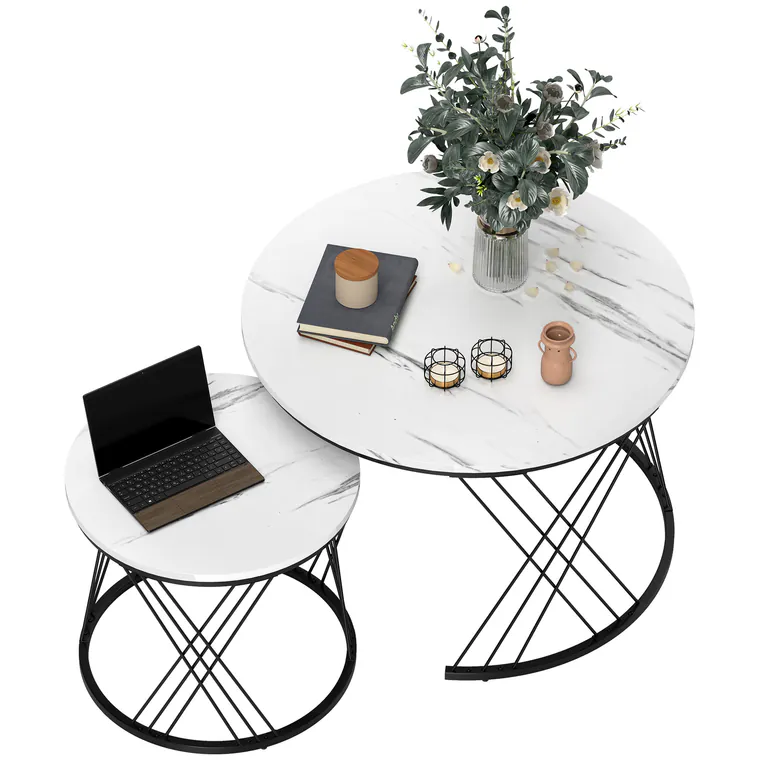 HOMCOM Mese de cafea în set de 2 bucăți, aspect marmură, plăci de particule, metal, mese de cafea rotunde pentru living, plasabile unul în altul, Alb | Aosom Romania