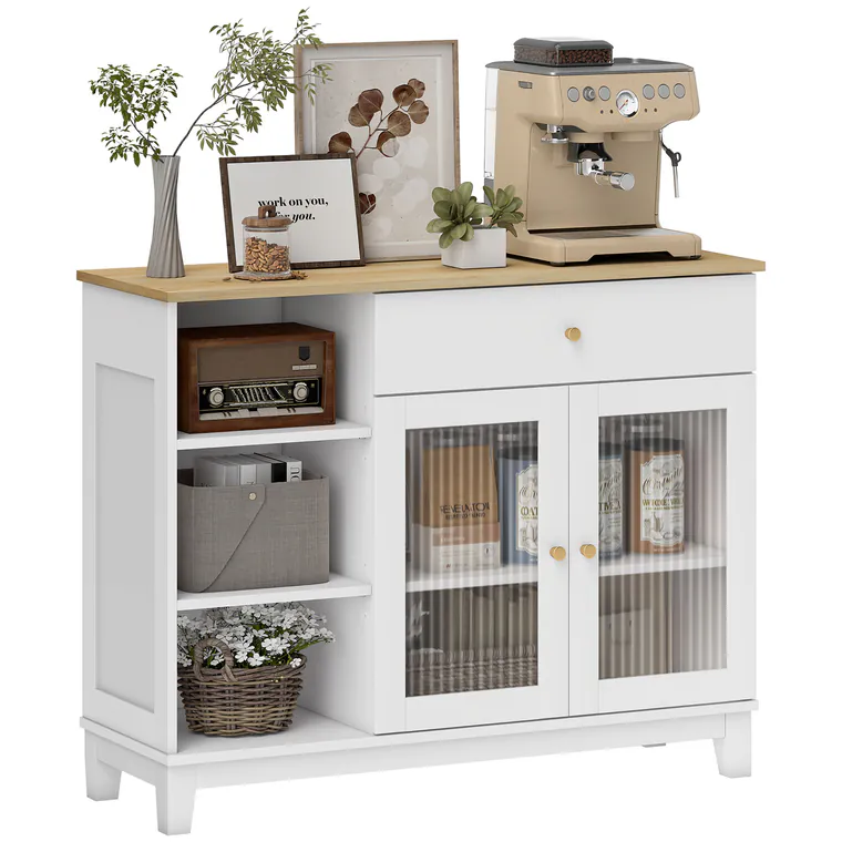 HOMCOM Bufet salon cu dulap cu uși din sticlă securizată nervurată, sertar, 3 compartimente deschise și rafturi reglabile, alb | Aosom Romania