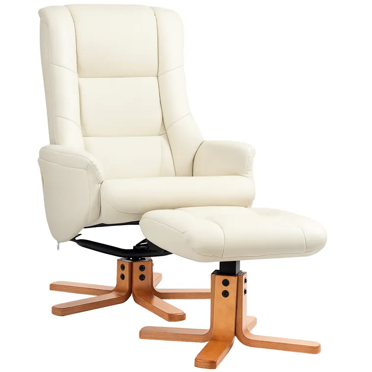 HOMCOM Fotoliu de Relaxare cu Taburet, Funcție de Culcare, Piele Ecologică, până la 150 kg, 71 x 84 x 102 cm, Crem | Aosom Romania
