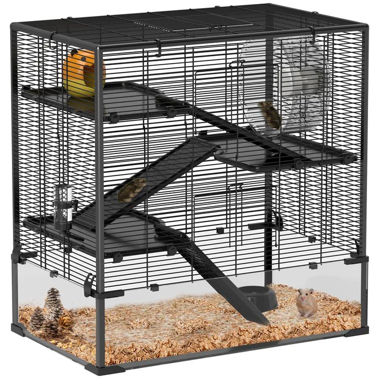 PawHut Cușcă pentru Hamster cu Bază din Sticlă, Cu 4 Etaje și Accesorii, 78,5L x 48,5B x 80H cm, Negru | Aosom Romania
