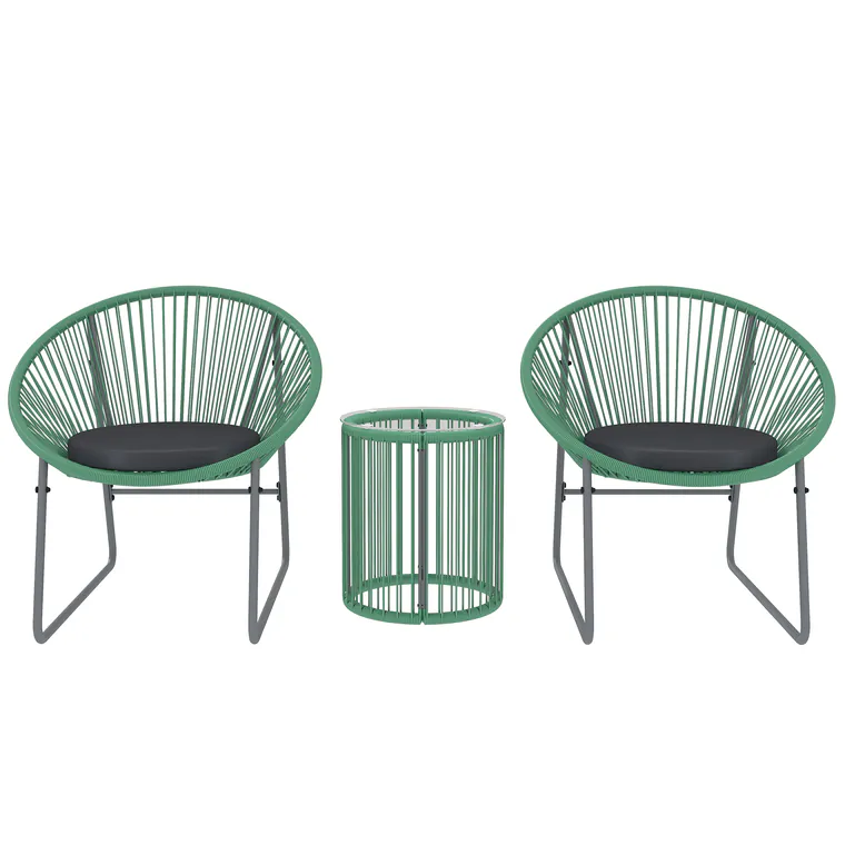 Outsunny Set de mobilier de exterior cu 3 piese, 1 masă, 2 scaune, placă de masă din sticlă, poliratan plastic înfășurat în cadre de oțel, perne moi, Verde | Aosom Romania