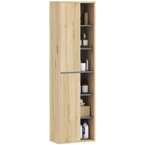 HOMCOM Coloană de Baie de Perete Dulap de Baie cu Compartimente Deschise și 2 Uși 40x24x141,5 cm Natural | Aosom Romania