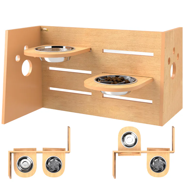 PawHut Suport pentru boluri pentru câini ridicat cu 3 înălțimi ajustabile, boluri pentru câini 2 boluri oțel inoxidabil 63 x 58,5 x 40 cm stejar | Aosom Romania
