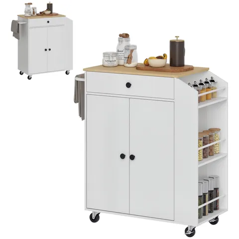 HOMCOM Cărucior de bucătărie cu sertar, dulap, raft pentru condimente, suport pentru prosoape, 82 x 38 x 86,5 cm, Alb/Stejar | Aosom Romania