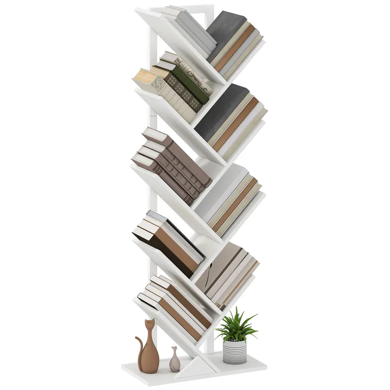 HOMCOM Etajeră în Formă de Copac cu 9 Rafturi și Sistem Antivârf pentru Sufragerie Dormitor 50x24x136 cm Alb | Aosom Romania