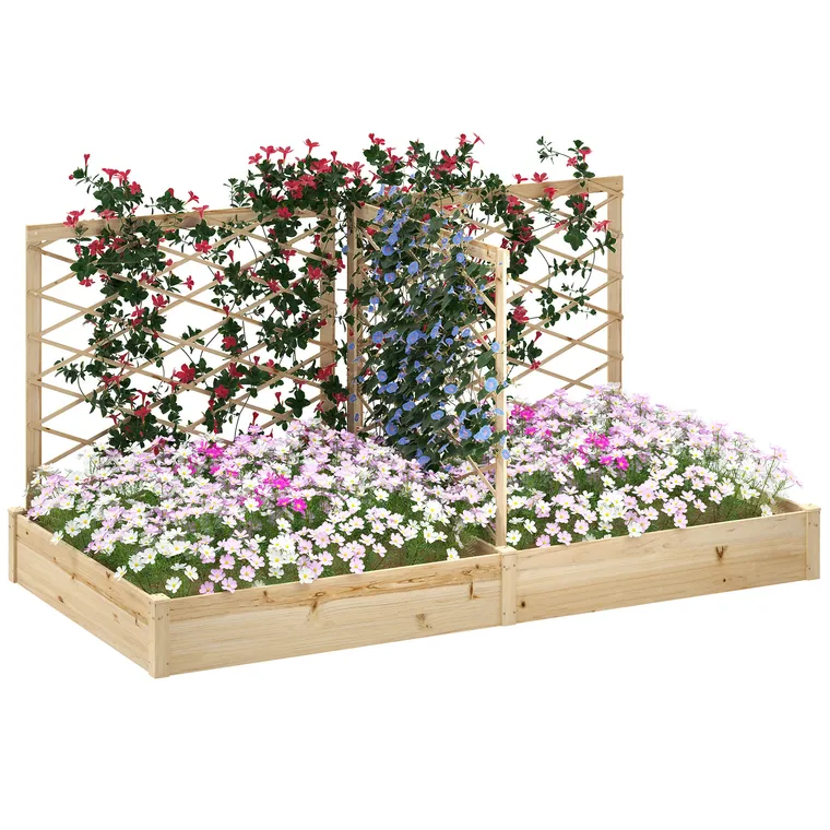 Outsunny Jardiniere cu 3 trelișe modulabile, bazin de flori din lemn pentru balcon terasă patio, 222x114x109 cm efect lemn natural | Aosom Romania