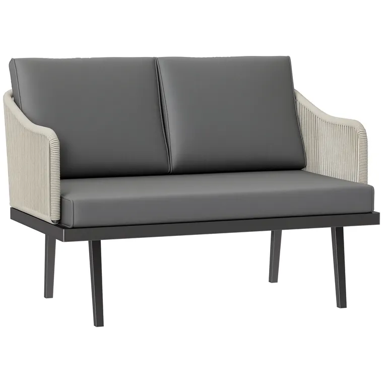 Outsunny Canapea de gradina 2 locuri cu perne din ratan, canapea de exterior structura din otel 110 x 70 x 72 cm gri inchis | Aosom Romania