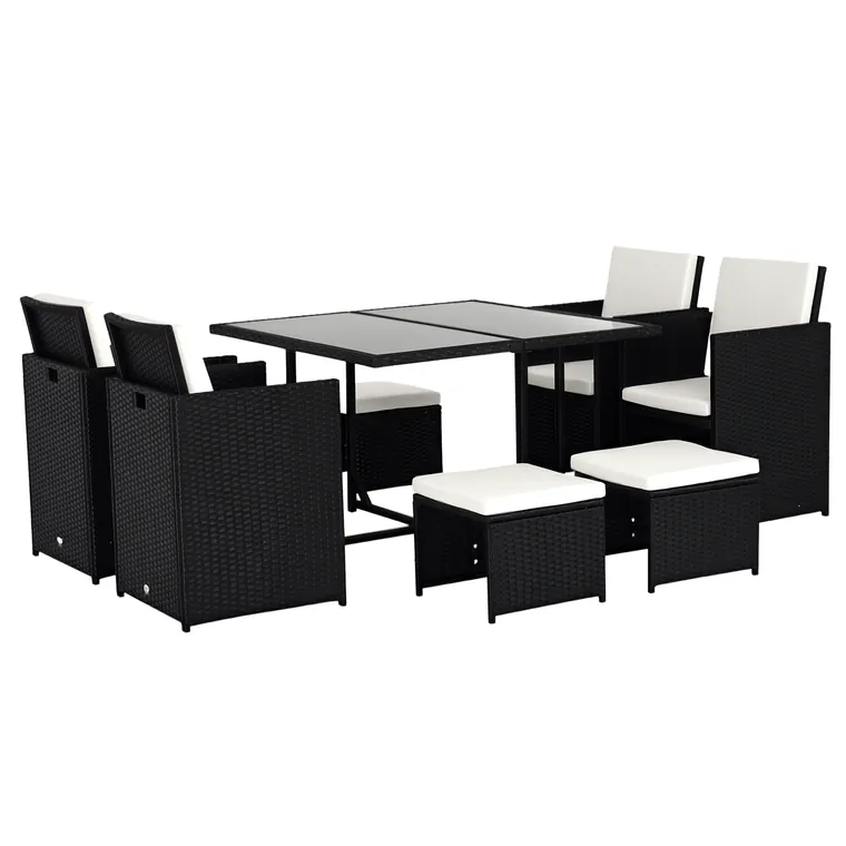 Outsunny Set Mobilier de Grădină încorporabil 8 persoane 9 piese rășină împletită 4 fire imitație răchită Negru Perne detașabile crem | Aosom Romania
