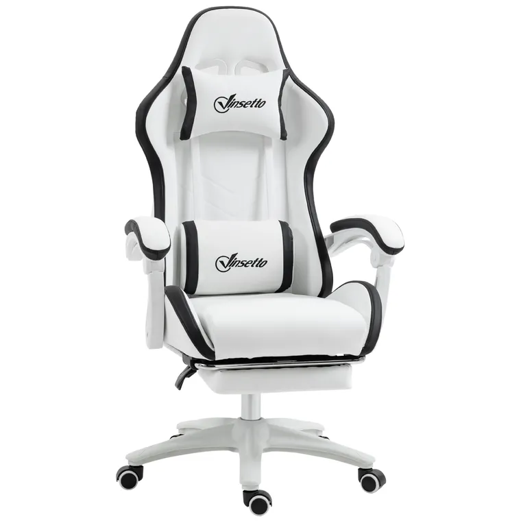 Vinsetto Scaun gaming scaun gaming cu spătar inclinabil la 135°, suport pentru cap și repose-pieds 65l x 65L x 121-129H cm alb și negru | Aosom Romania