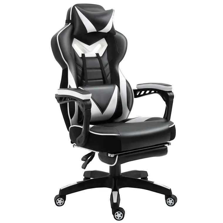 Vinsetto Scaun Gaming Ergonomic, Fotoliu de Birou confortabil cu Suport de Picioare, Perne pentru Cap și Zonă Lombară, Înălțime Reglabilă, negru și alb | Aosom Romania