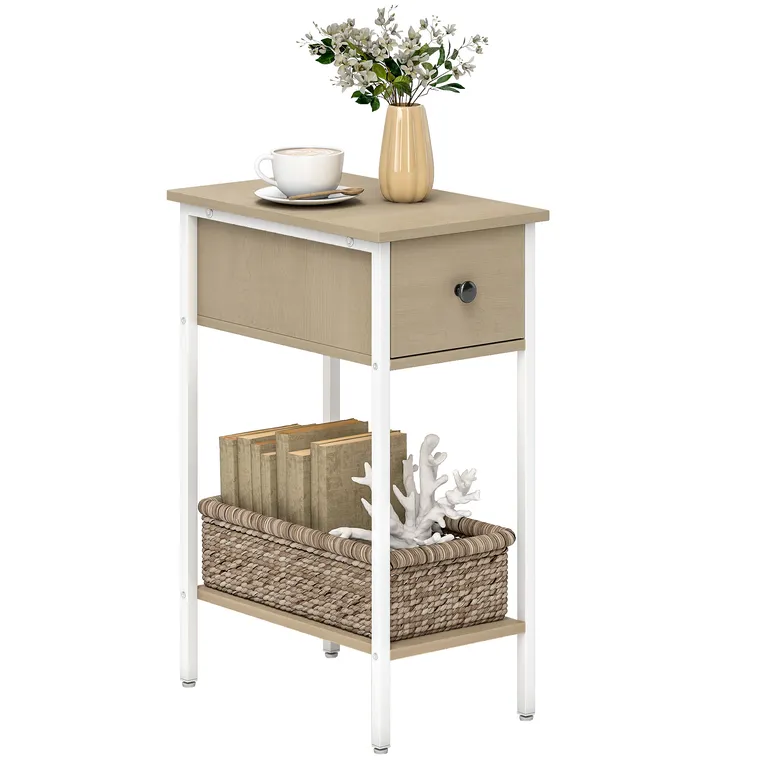 HOMCOM Masă Auxiliară Îngustă cu Sertar Raft Deschis și Structură Metalică pentru Sufragerie Dormitor 25x39,8x58,2 cm Lemn Natural | Aosom Romania