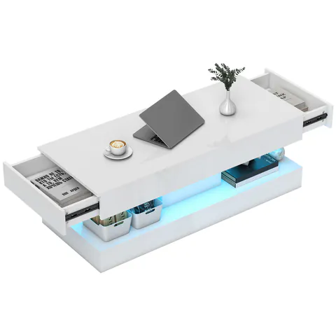 HOMCOM Masa de cafea cu sertare și lumini LED, masă laterală modernă cu raft deschis, masă de cafea, placaj, Alb | Aosom Romania