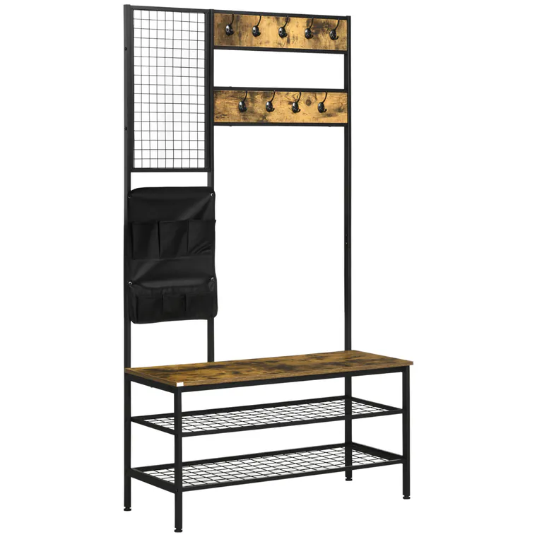 HOMCOM Garderobă în Design Industrial, 1 Tablă Mesaje, 1 Scaun, 8 Cârlige, 1 Geantă de Depozitare, Negru + Maro | Aosom Romania