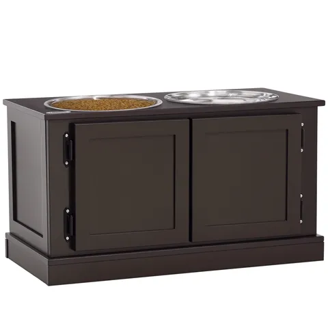 PawHut Stație de hrănire cu boluri ridicate, cu spațiu de depozitare, 60 cm x 30 cm x 34 cm, Maro + Argintiu | Aosom Romania