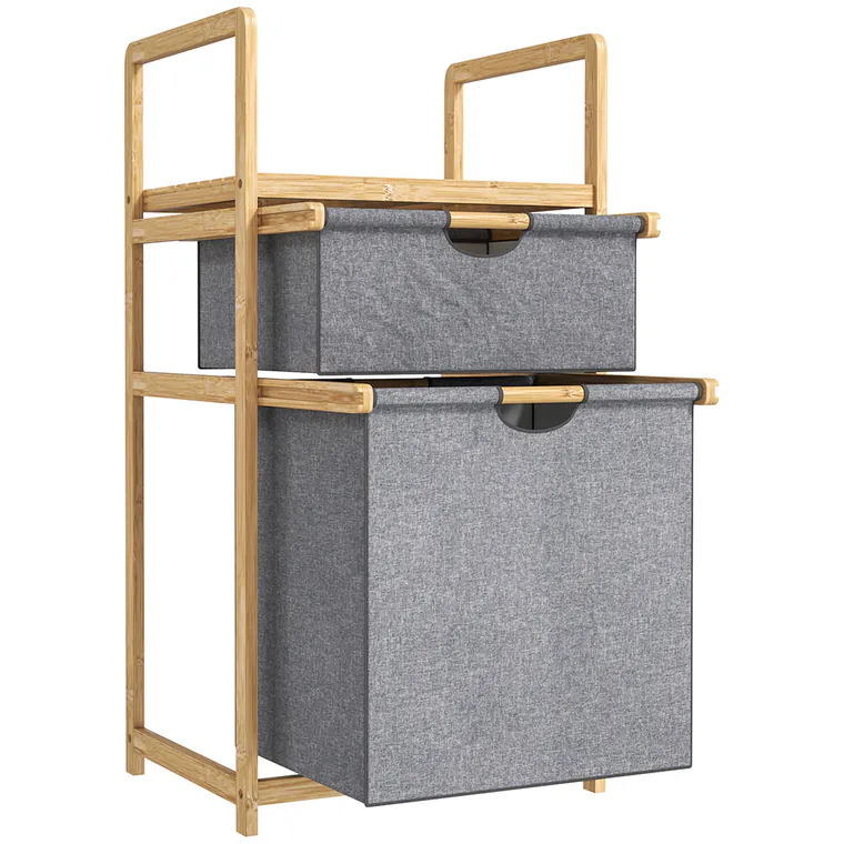HOMCOM Coș de rufe din bambus coș de rufe murdare cu 2 saci din material textil culisante și raft cu lamele, natural | Aosom Romania