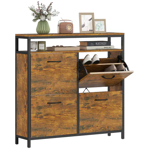 HOMCOM Dulap pentru pantofi cu 4 sertare pliabile, design compact, raft deschis, pentru 12-20 de perechi de pantofi, oțel, maro | Aosom Romania