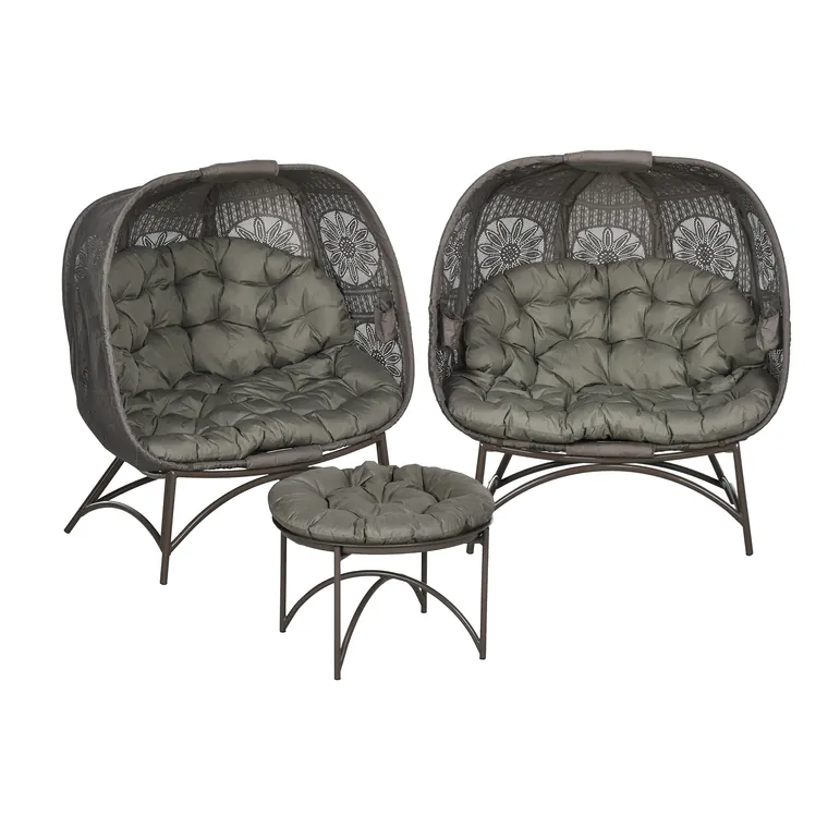 Outsunny Set de mobilier de grădină, 2 scaune din răchită cu masă auxiliară, pliabil, perne pentru șezut, cadru metalic, Culoare: Nisip | Aosom Romania