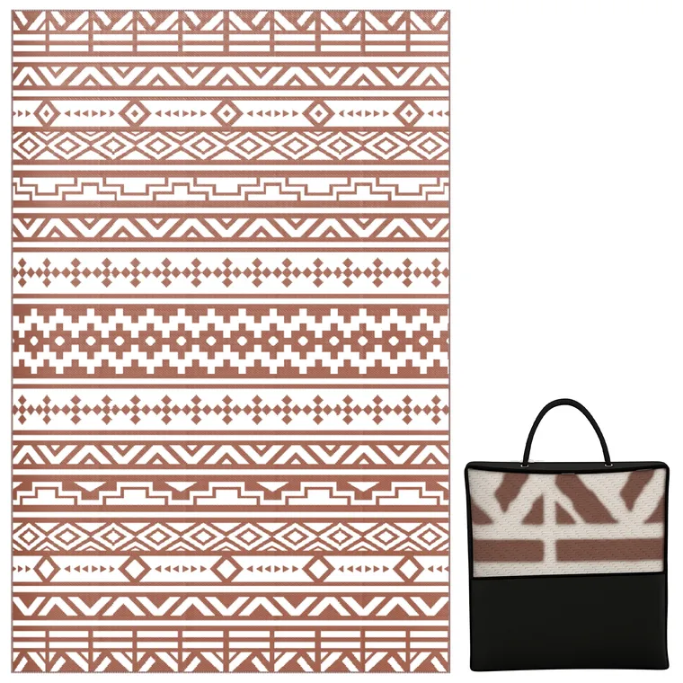 Outsunny Covor exterior reversibil 1,8 x 2,7 m, covor de sol cu model zid geometric din PP geantă de transport roșu și alb | Aosom Romania