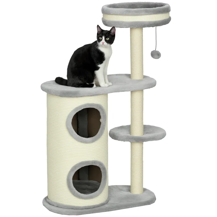 PawHut Copac de Zgariat pentru Pisici, Stalpi din Sfoara de Sisal, Plus Moale, Design Multifunctional, Jucarie cu Minge, Gri, 59x35x100 cm | Aosom Romania