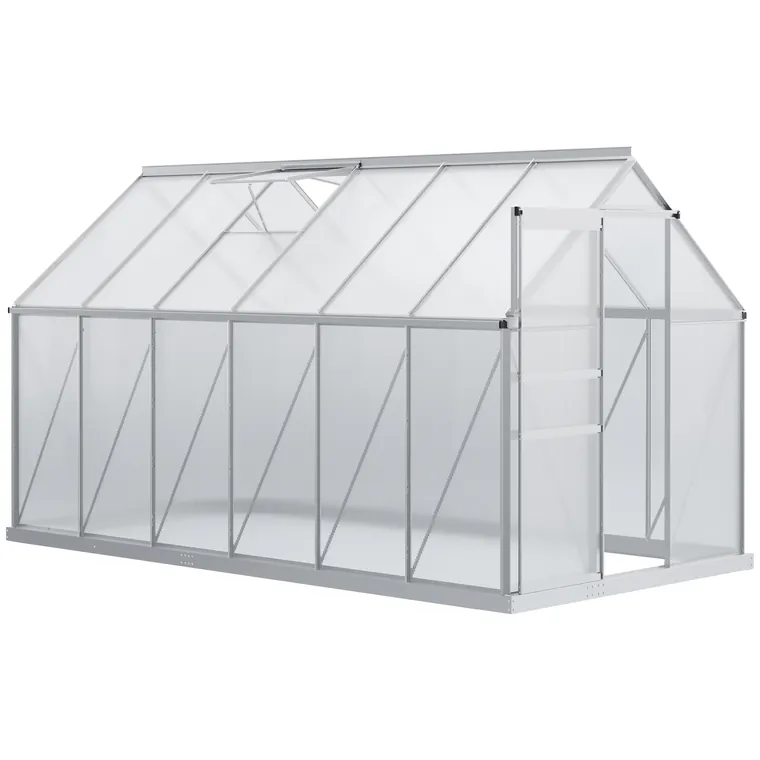 Outsunny Seră de Grădină din Policarbonat 7,1 m² dim. 1,9L x 3,75l x 1,99 m cu Fundație, Fereastră de Ventilație Reglabilă, Ușă Glisantă - Argintiu și Transparent | Aosom Romania