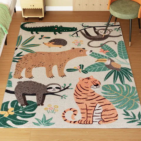 HOMCOM Covor plușat cu Model de Jungle, uşor de întreţinut, Crem + Multicolor | Aosom Romania