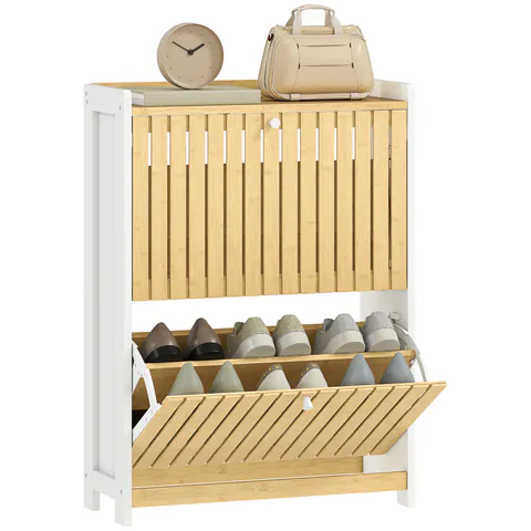 HOMCOM Pantofar Cu 2 Uși din Bambus Cu Lamele Rafturi Ajustabile pentru 12 Perechi de Pantofi Alb și Natural | Aosom Romania
