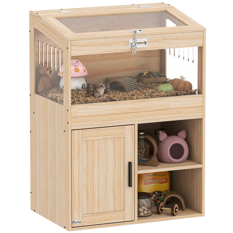 PawHut Cușcă pentru Hamster cu Spațiu de Depozitare Panouri Acrilice Vizibile Raft Reglabil 60x40x82,5 cm Natural | Aosom Romania