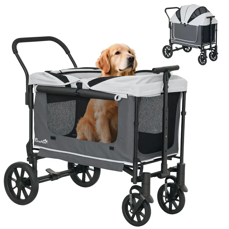 PawHut Hundewagen Hundebuggy pliabil pentru câini & pisici până la 30 kg 110 x 65 x 102 cm Gri închis | Aosom Romania