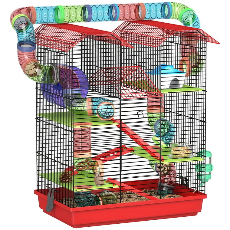 PawHut Cușcă pentru hamster șoareci rozătoare mici cu tunel furajer roată jucărie 47 x 30 x 59 cm roșu | Aosom Romania