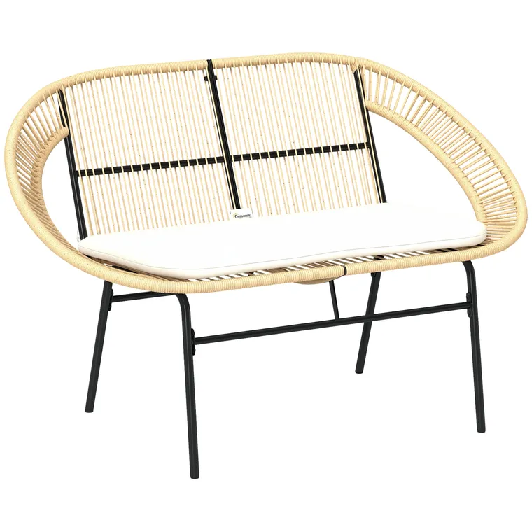 Outsunny Banc de grădină 2 locuri, banc exterior grădină din oțel, stil Acapulco, cu spătar și pernă, 126 x 72 x 83 cm, kaki | Aosom Romania