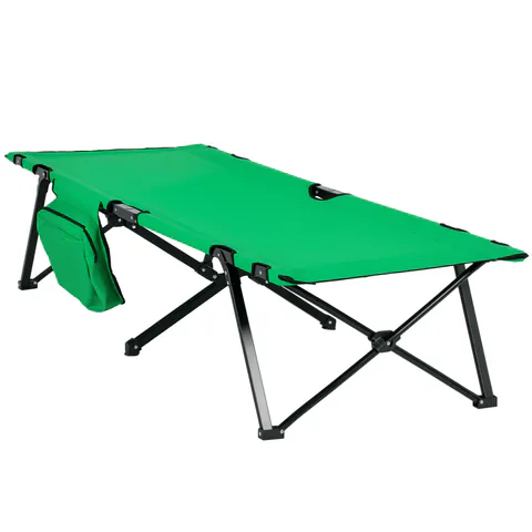 Outsunny Pat de camping, pat pliabil, pat pliabil cu buzunar lateral, suport pentru băuturi, suportând până la 136 kg, cadru din oțel Oxford Verde+Negru 190 x 65 x 40 cm | Aosom Romania