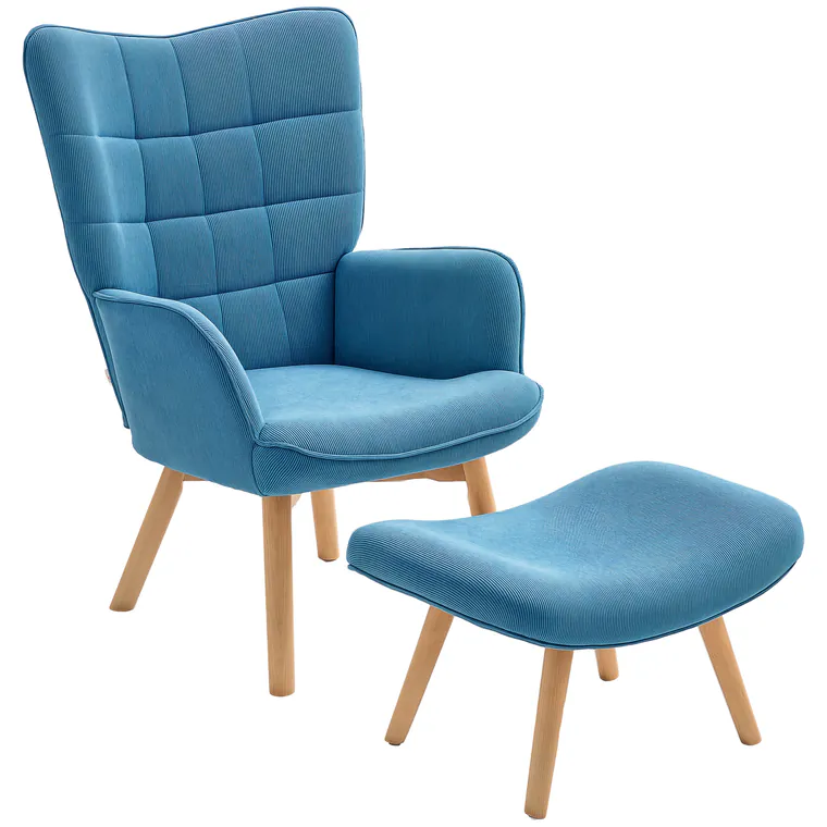 HOMCOM Fotoliu Accent cu Otoman, Fotoliu de Relaxare cu Aspect de Cord, Fotoliu cu Brate de Lemn, pentru Living, Albastru | Aosom Romania