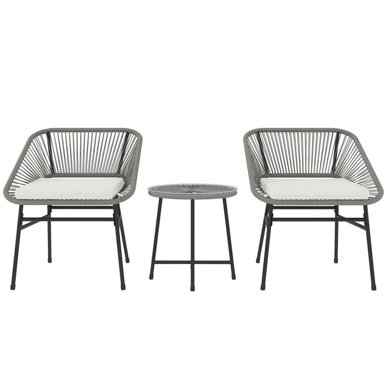 Outsunny Set de mobilier de exterior cu 3 piese, 1 masă, 2 scaune, Împletitură de ratan, Cadru din oțel, Masă de cafea cu blat de sticlă, Gri închis | Aosom Romania