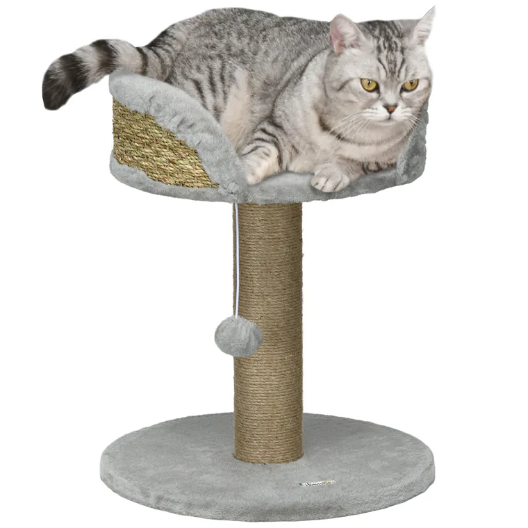 PawHut Pom de Crăpătură Gri de Jută cu Platformă de Pluș și Minge Suspendată 40 x 40 x 49 cm | Aosom Romania