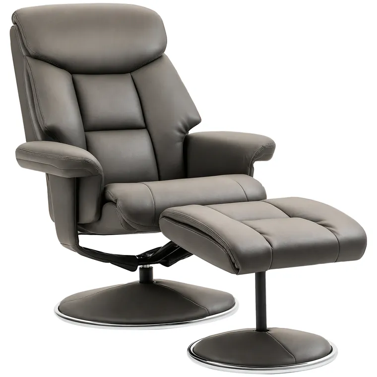 HOMCOM Fotoliu de Relaxare cu Taburet, Spătar Reglabil, Piele ecologică, până la 150 kg, Gri | Aosom Romania