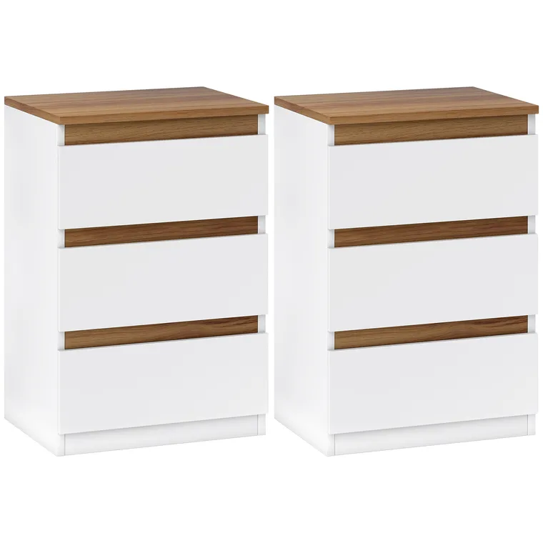 HOMCOM Set de 2 Mesite de Noapte Înguste de 3 Sertare Comode pentru Sufragerie Hol 40x30x59,5 cm Alb | Aosom Romania