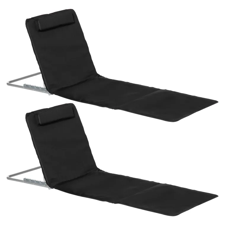 Outsunny Set de 2 Șezlonguri de Plajă cu umplutură - Plute de Plajă - preșuri de Plajă - Spătar reglabil Multi-Poziții - Sac de Transport Inclus - oțel Poliester PE Negru | Aosom Romania