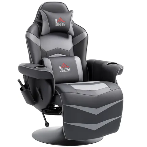 HOMCOM Fotoliu de gaming, funcție de masaj, spătar reglabil, suport pentru picioare, până la 120 kg, cadru din oțel, piele ecologică, Gri | Aosom Romania