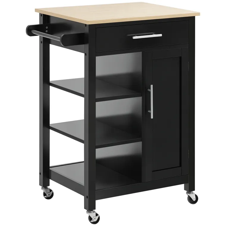 HOMCOM Dulap de Bucătărie cu Roți Dulap de Servire de Stil Contemporan - Ușă, sertar, 3 rafturi - mânere metal Blat Lemn de Hevea Negru | Aosom Romania