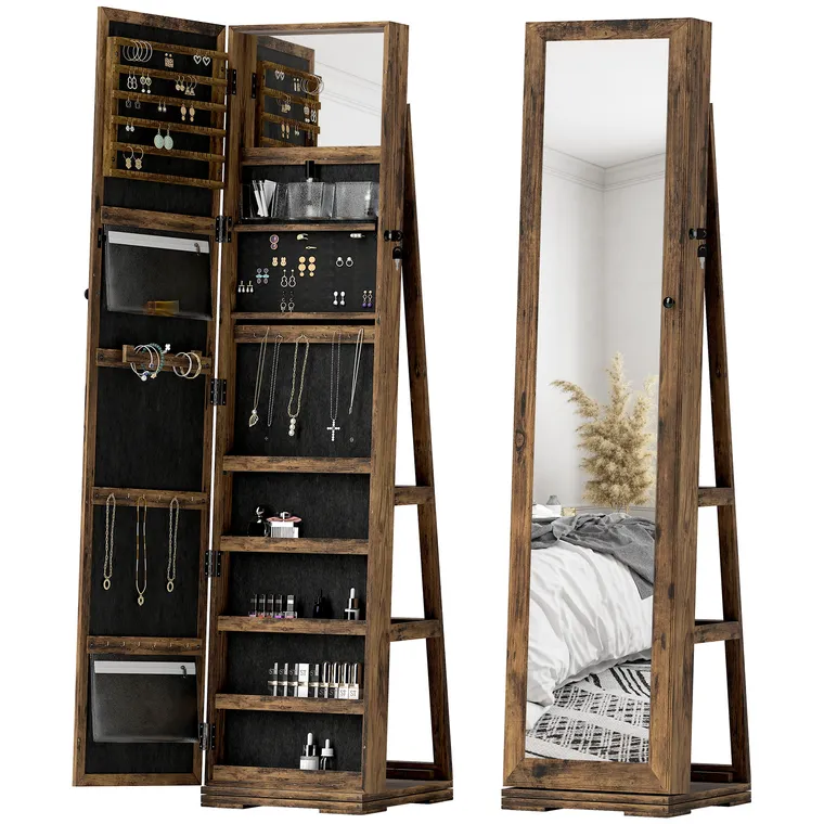 HOMCOM Armoire de Bijuterii pivotantă, blocabilă, cu oglindă - Dulap Bijuterii Multi-Depozitare - Brun Rustic | Aosom Romania