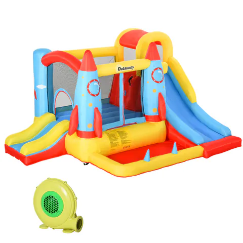 Outsunny Castel Gonflabil cu 2 Tobogane Trambulina și Piscina pentru Copii +3 Ani cu Inflator și Geantă de Transport pentru Interior Exterior 330x265x185 cm Multicolor | Aosom Romania