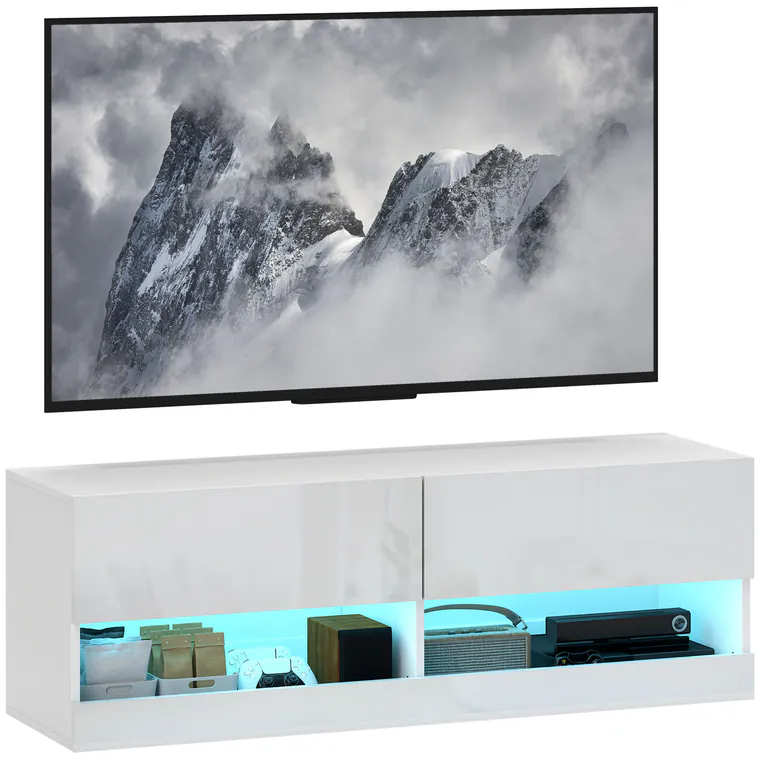 HOMCOM Dulap TV montat pe perete cu LED-uri, 16 moduri de clipire, Dulap TV montat pe perete, Rafturi deschise, 120 x 35 x 40,5 cm, Alb | Aosom Romania