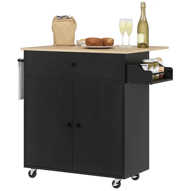 HOMCOM Insulă de Bucătărie cu Ala Rabatabilă 2 Uși Sertar Suport pentru Condimente Bară de Agățat Șervețel și Raft Reglabil 106x42x87 cm Negru și Stejar | Aosom Romania