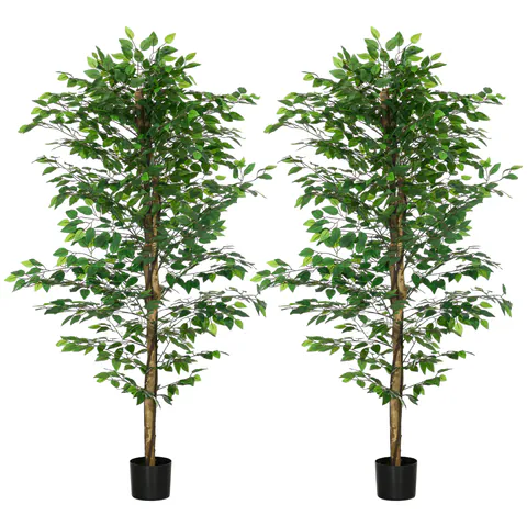 HOMCOM Set de 2 plante artificiale ficus inaltime 1,80 m trunchi crengi lina muschi frunze foarte realiste ghiveci inclus verde | Aosom Romania