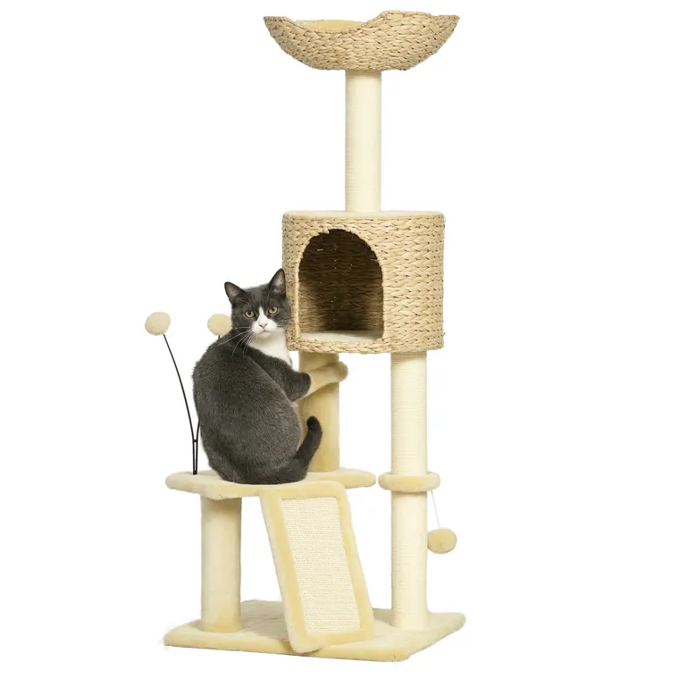 PawHut Arbre à chat înălțime 116 cm casetă coș platforme pompoane din pluș și iasomie de apă - bej | Aosom Romania